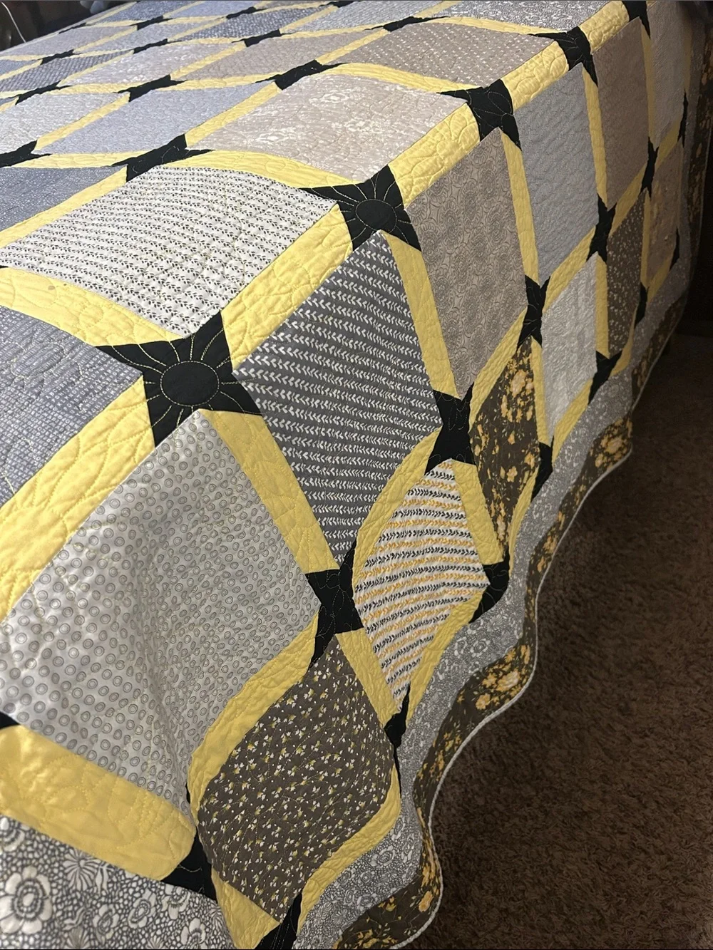 ONE OF A KIND- HANDCRAFTED  Yellow, Gray & Black Quilt